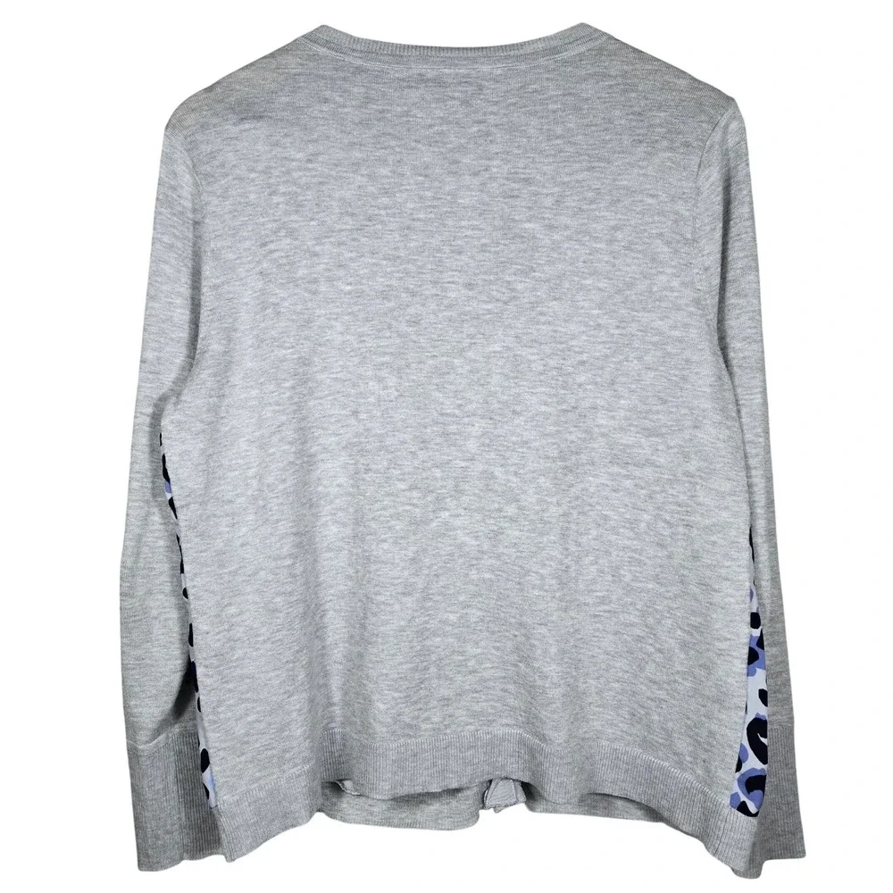 Chico's Grey Blue Leopard‎ Print Mixed Media Button Front Cardigan Sweater M